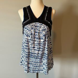 One September sz S cross neck tank blouse blue white anthro Anthropologie
